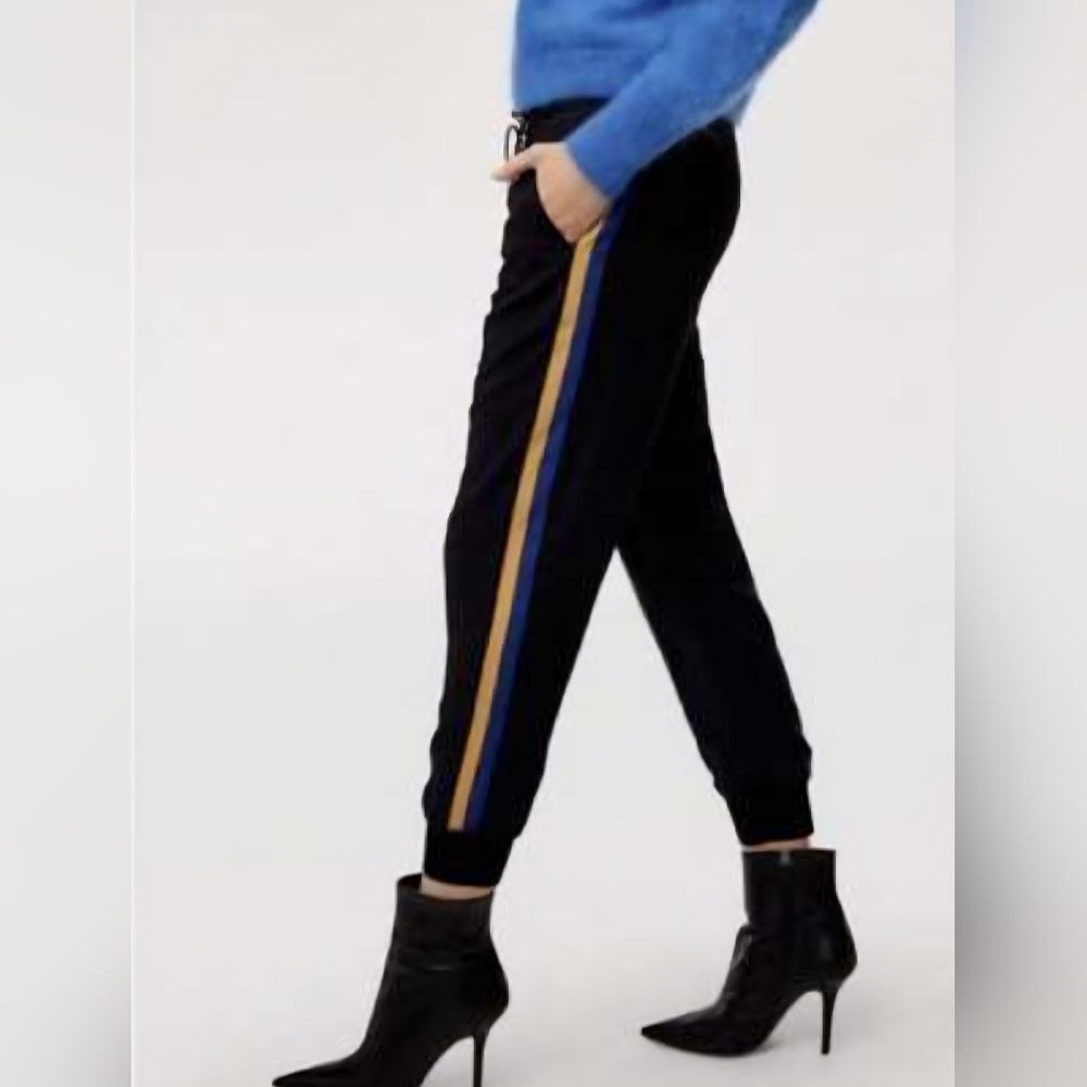 Wilfred Black Track Joggers with Blue and Tan Side Stripes